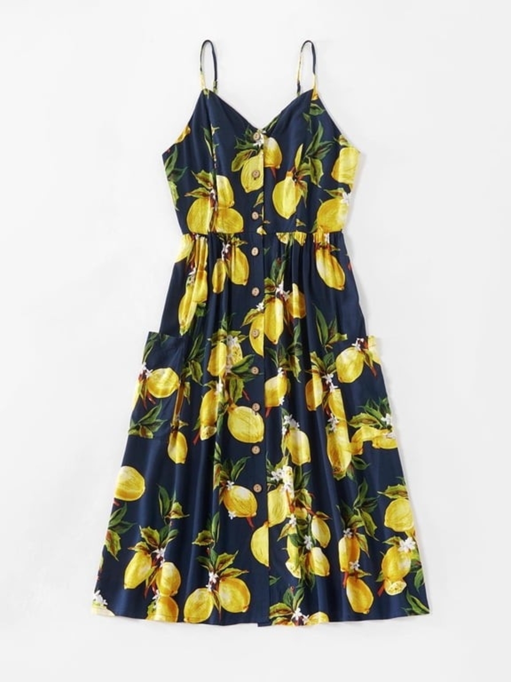 PatPat Navy Blue Lemon Print Button-Front Sundress - Large